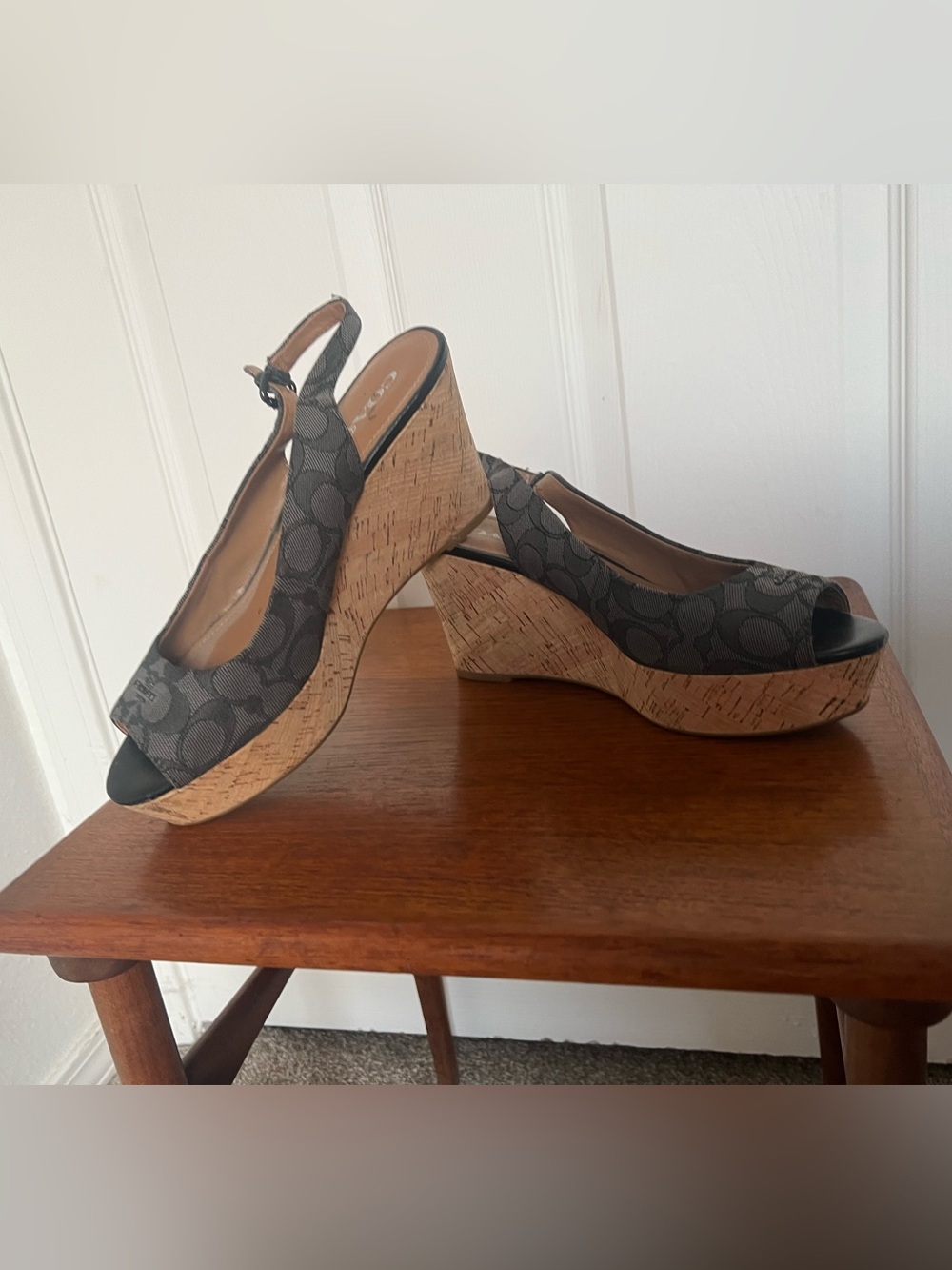 Coach Gray Signature Canvas Cork Wedge Slingback Sandal